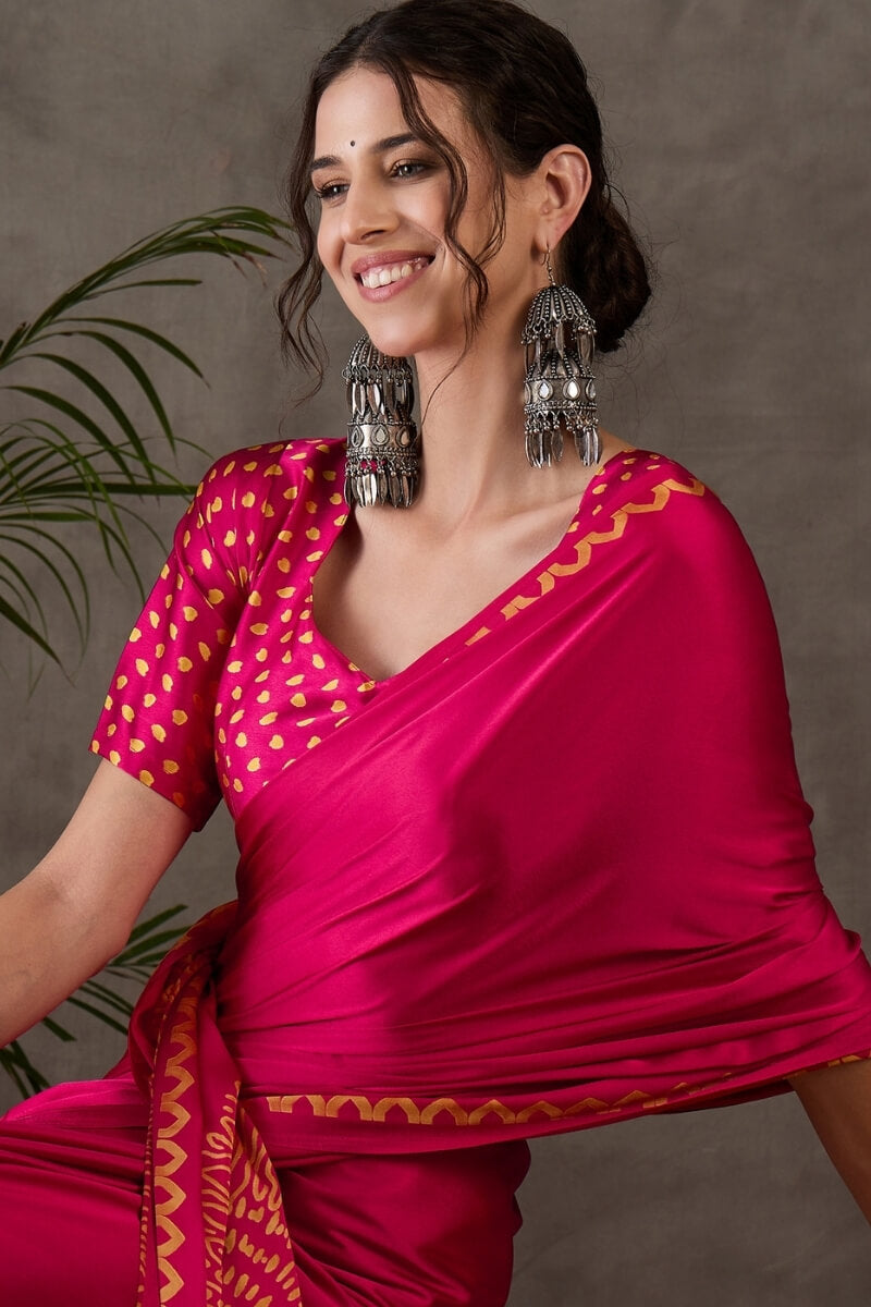 Raspberry Pink Printed Satin Silk Saree