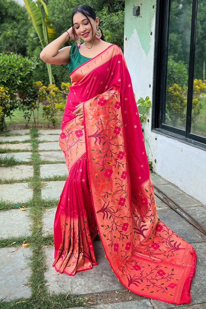 Raspberry Pink Zari Woven Paithani Silk Saree