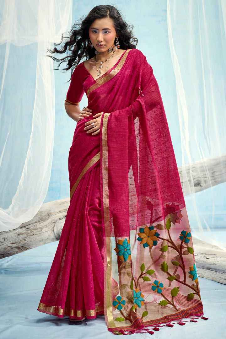 Raspberry Pink Zari Woven Pure Munga Cotton saree