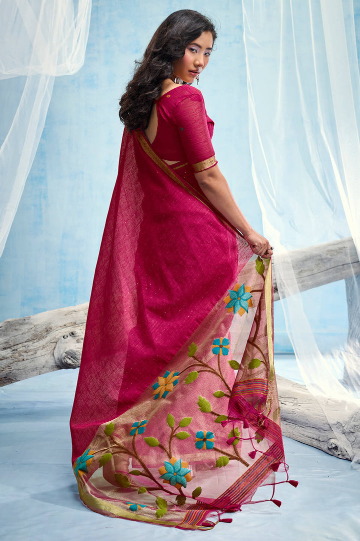 Raspberry Pink Zari Woven Pure Munga Cotton saree