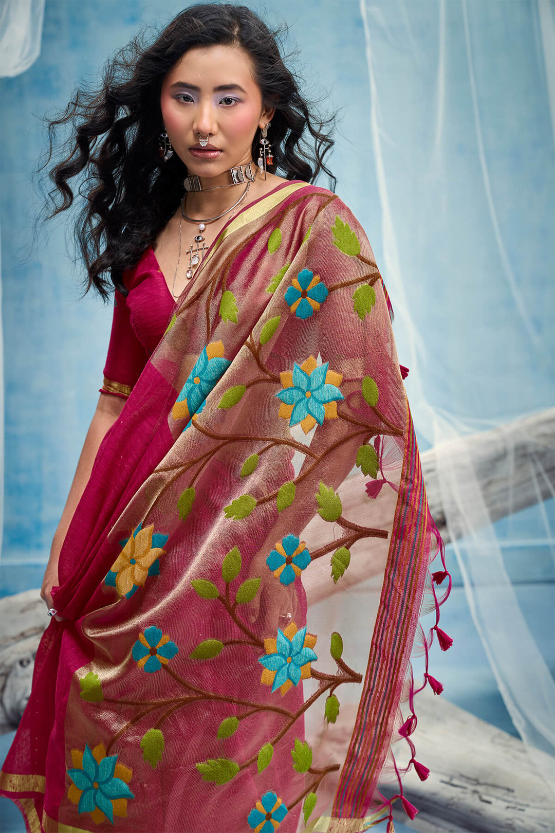 Raspberry Pink Zari Woven Pure Munga Cotton saree