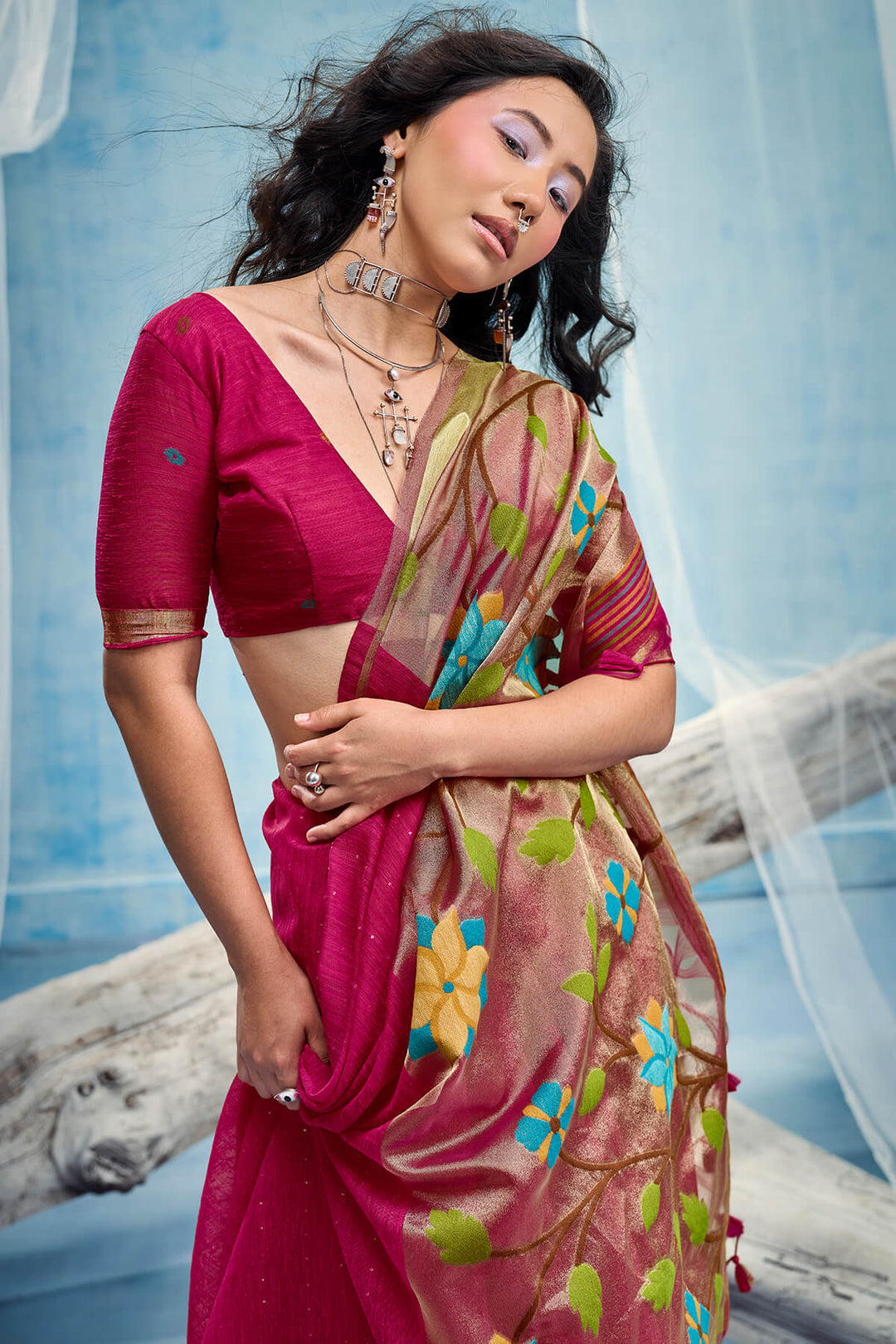 Raspberry Pink Zari Woven Pure Munga Cotton saree