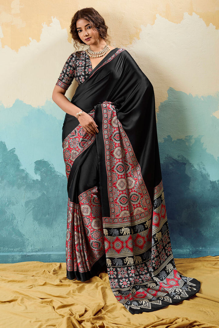 Raven Black Ajrakh Printed Satin Silk Saree