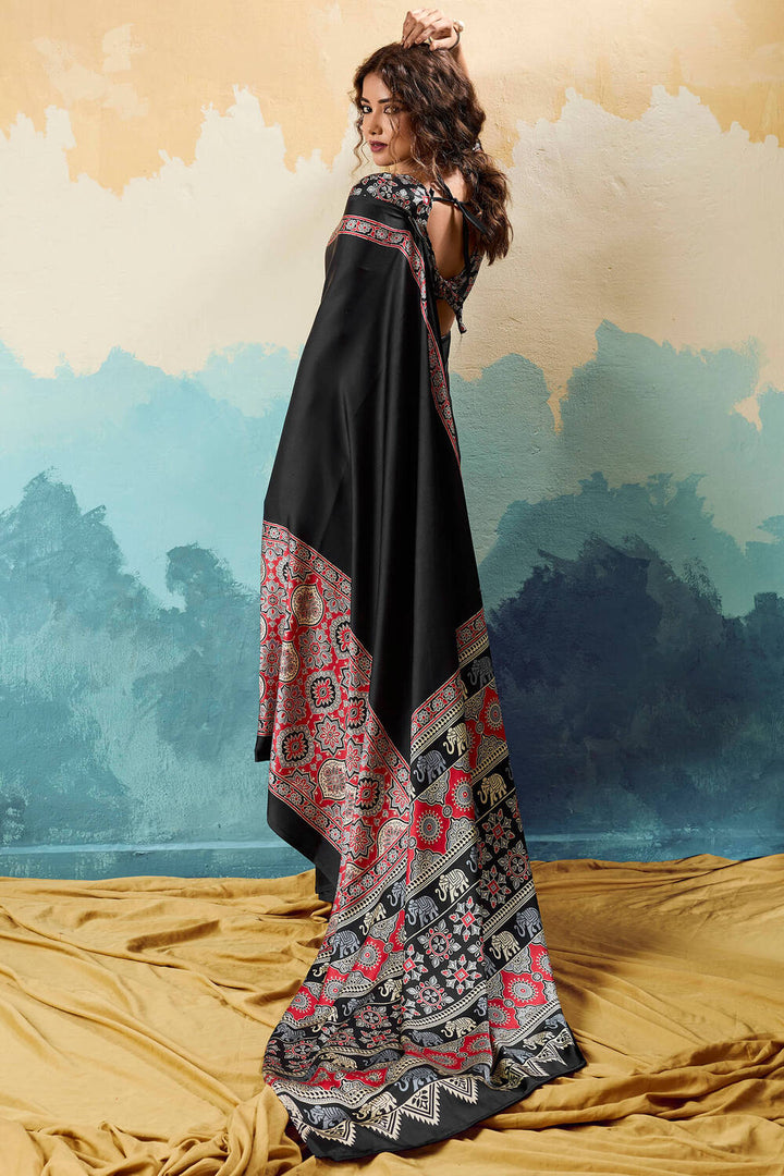 Raven Black Ajrakh Printed Satin Silk Saree