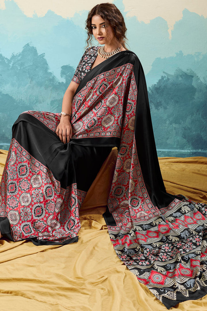 Raven Black Ajrakh Printed Satin Silk Saree
