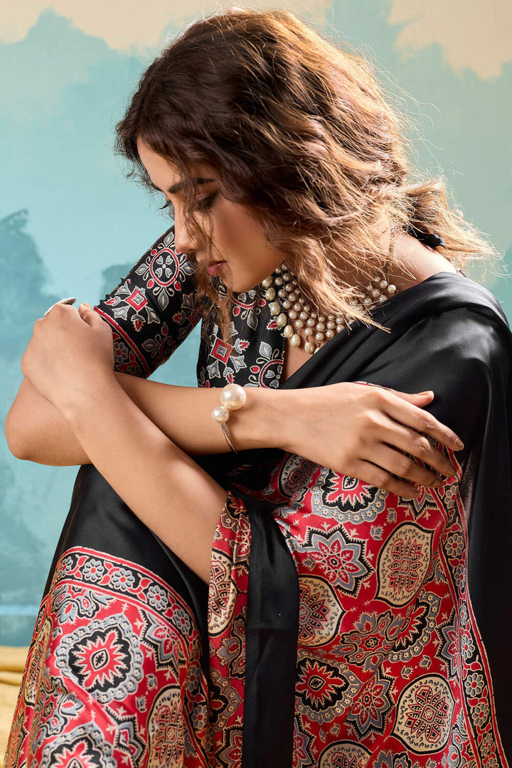 Raven Black Ajrakh Printed Satin Silk Saree