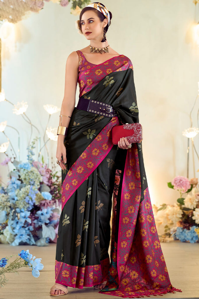 Raven Black Soft Silk Saree with Ikkat Border