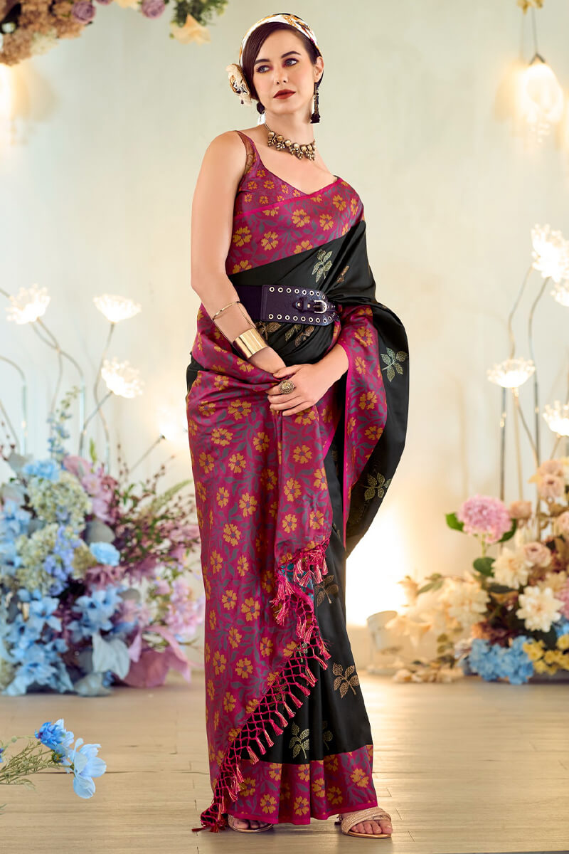 Raven Black Soft Silk Saree with Ikkat Border