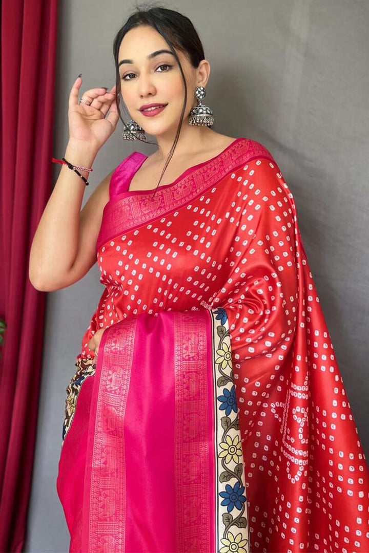 Red and Beige Bandhej Printed Silk Saree