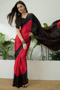 Red and Black Printed Satin Silk Saree