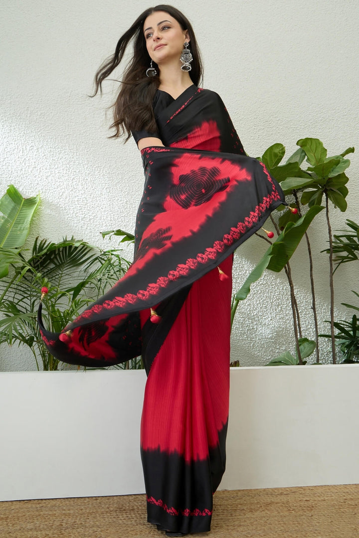 Red and Black Printed Satin Silk Saree