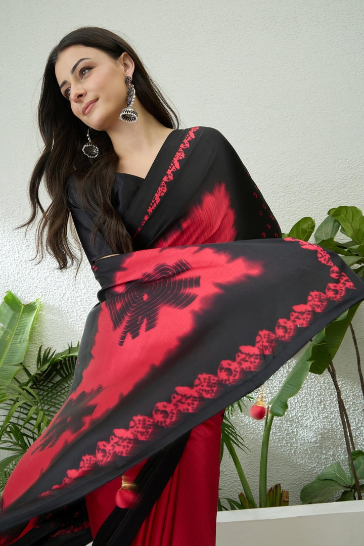 Red and Black Printed Satin Silk Saree