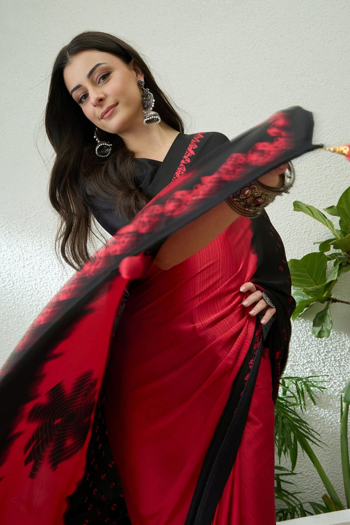 Red and Black Printed Satin Silk Saree