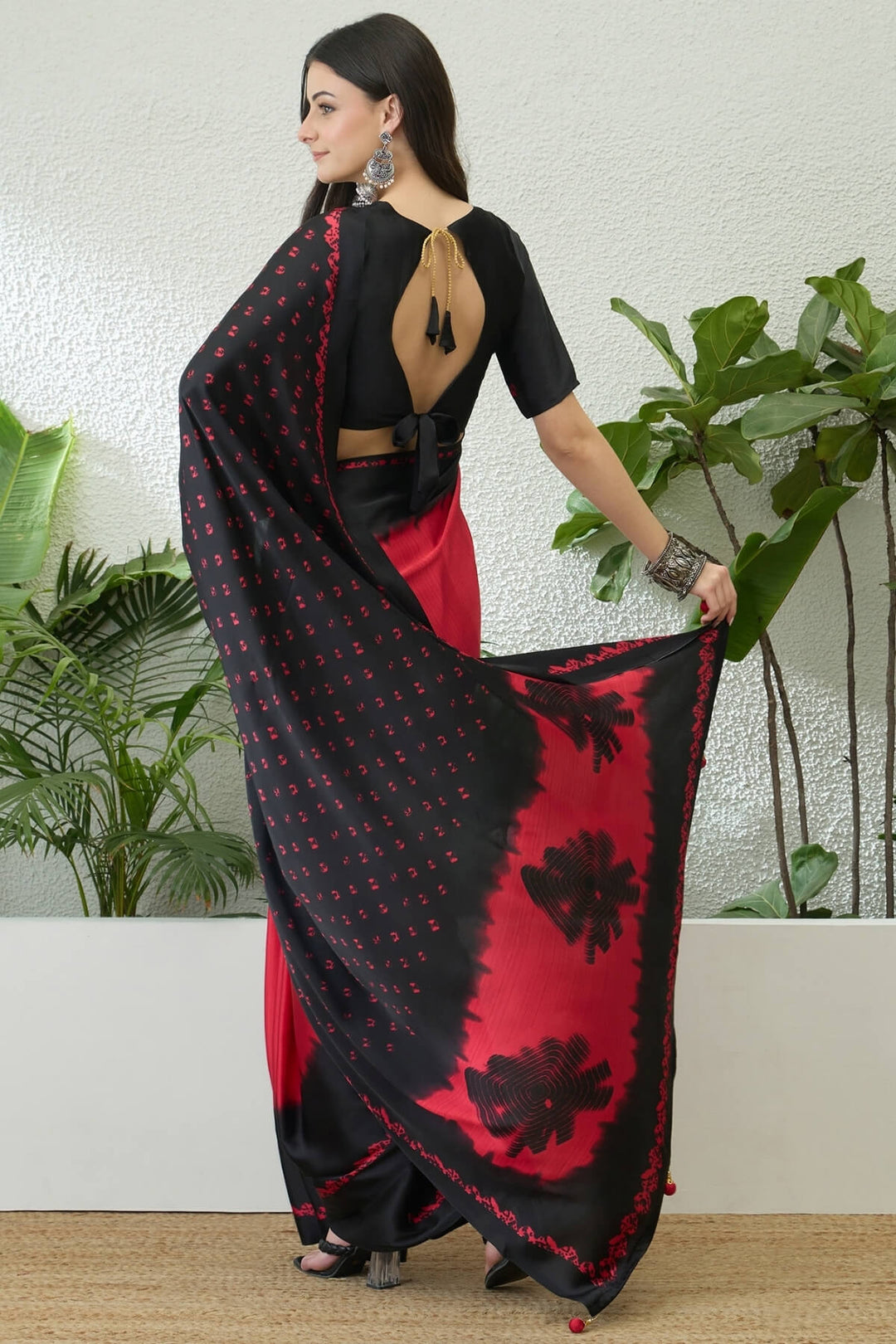 Red and Black Printed Satin Silk Saree