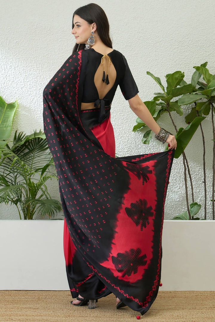 Red and Black Printed Satin Silk Saree