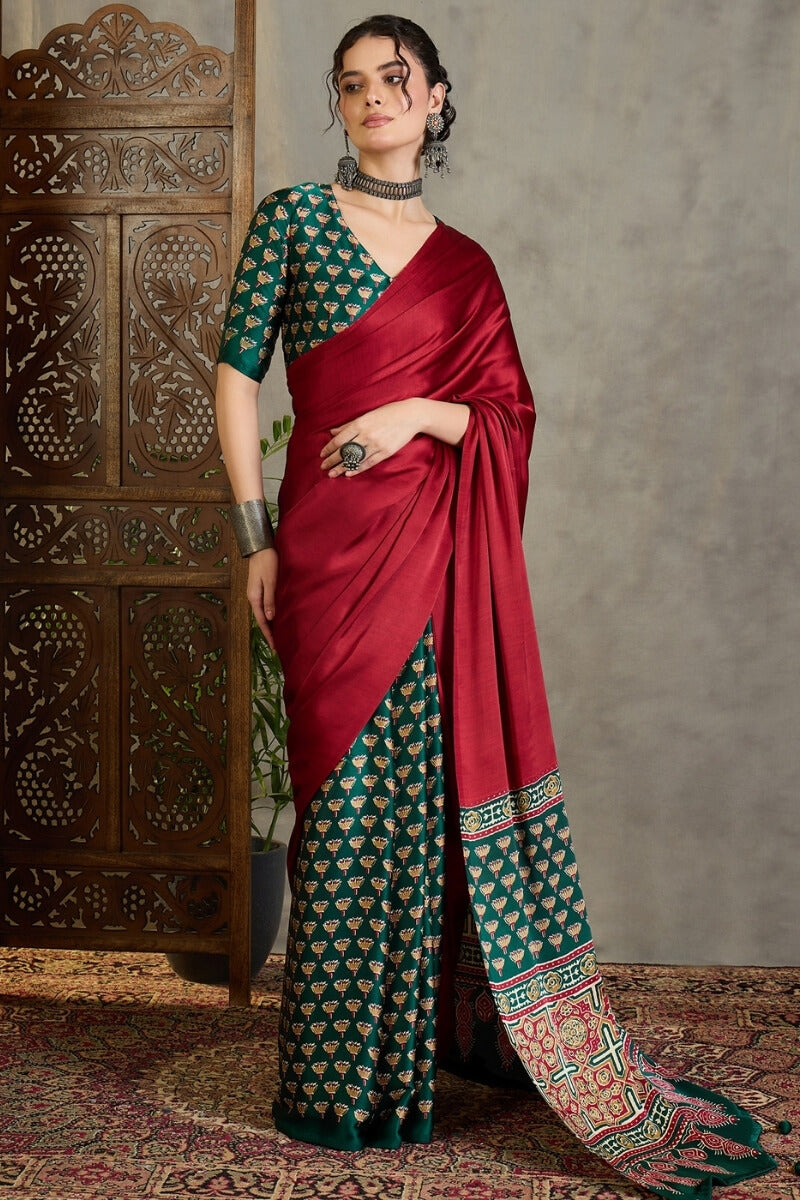 Red and Green Ajrakh Printed Satin Silk Saree