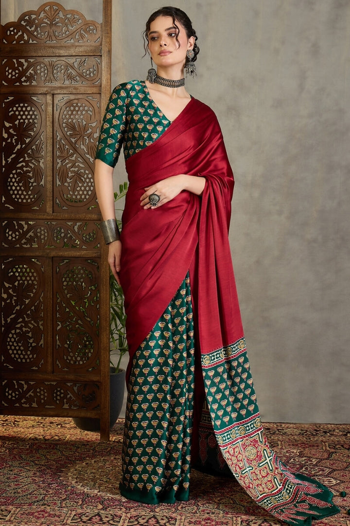 Red and Green Ajrakh Printed Satin Silk Saree