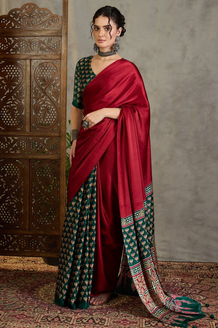 Red and Green Ajrakh Printed Satin Silk Saree