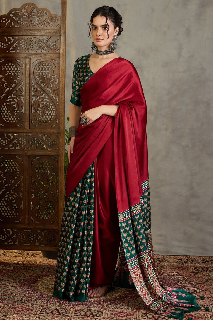 Red and Green Ajrakh Printed Satin Silk Saree