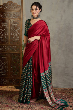 Red and Green Ajrakh Printed Satin Silk Saree