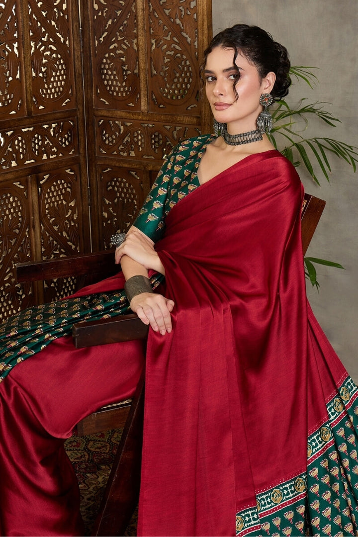 Red and Green Ajrakh Printed Satin Silk Saree