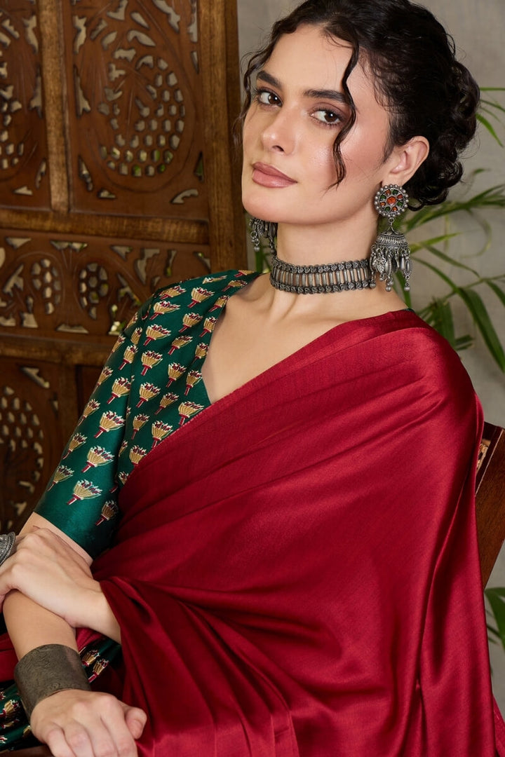 Red and Green Ajrakh Printed Satin Silk Saree