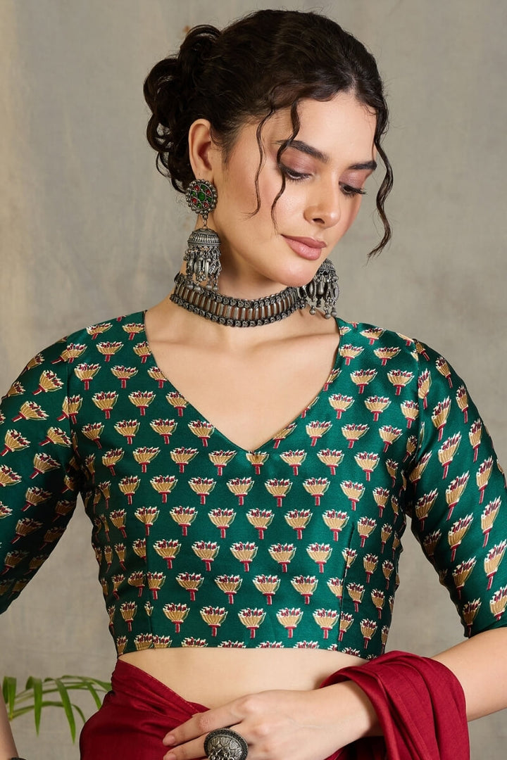 Red and Green Ajrakh Printed Satin Silk Saree