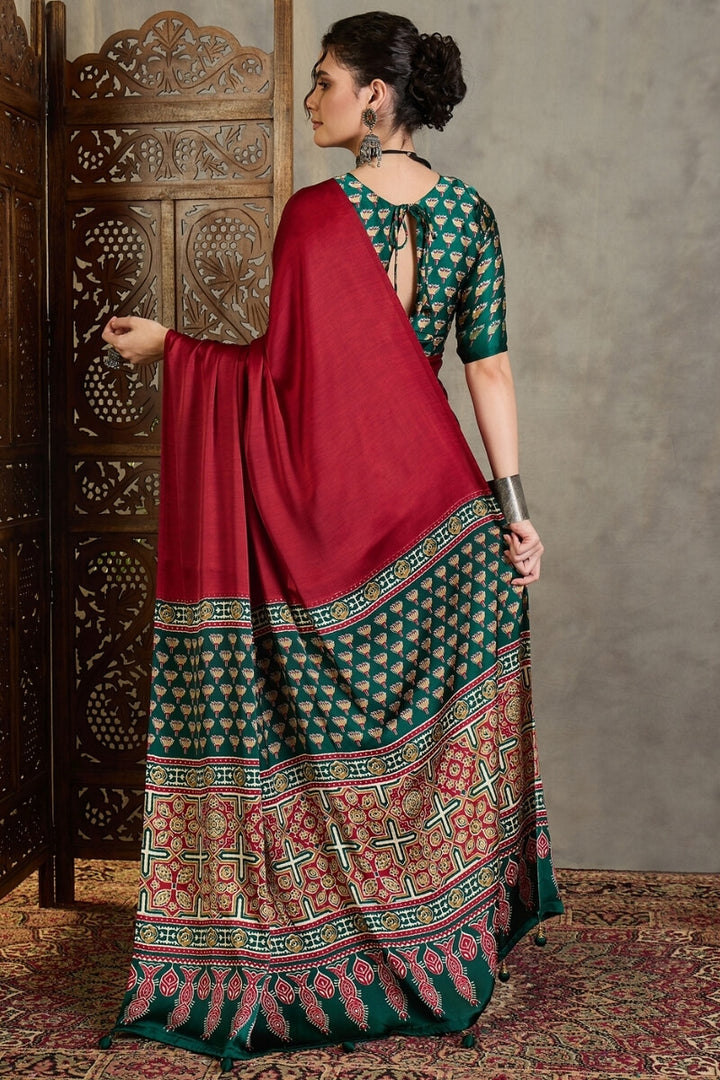 Red and Green Ajrakh Printed Satin Silk Saree
