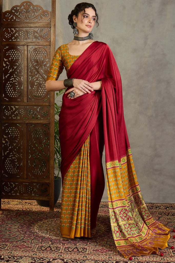Red and Mustard Ajrakh Printed Satin Silk Saree