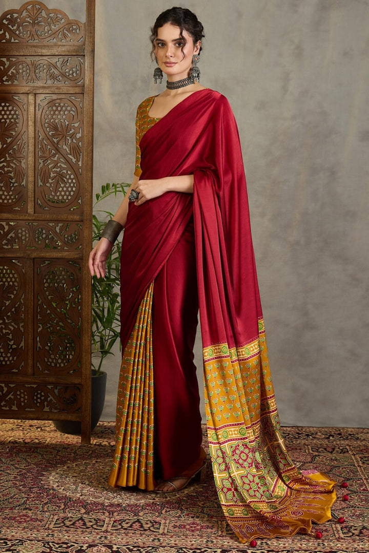Red and Mustard Ajrakh Printed Satin Silk Saree