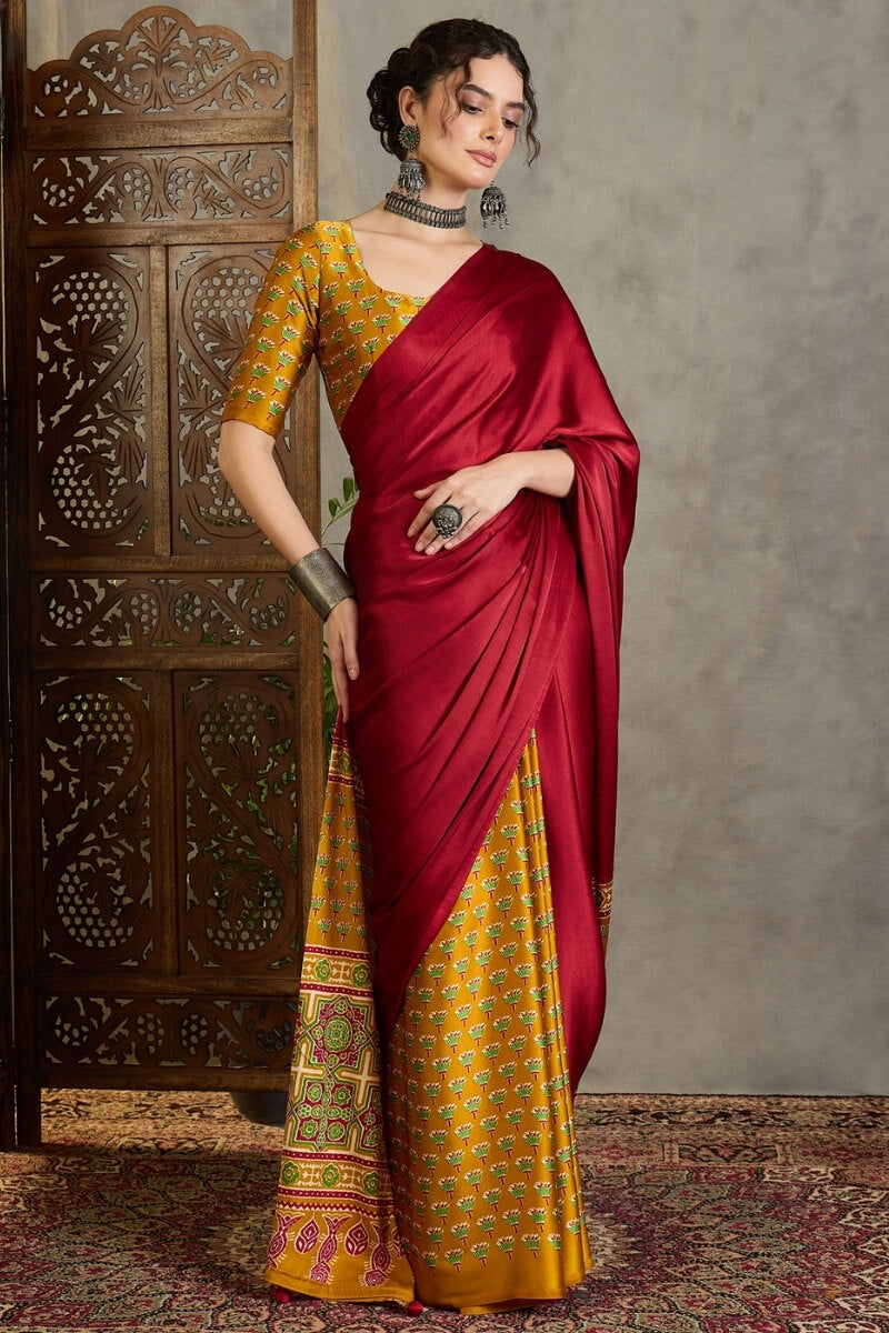 Red and Mustard Ajrakh Printed Satin Silk Saree