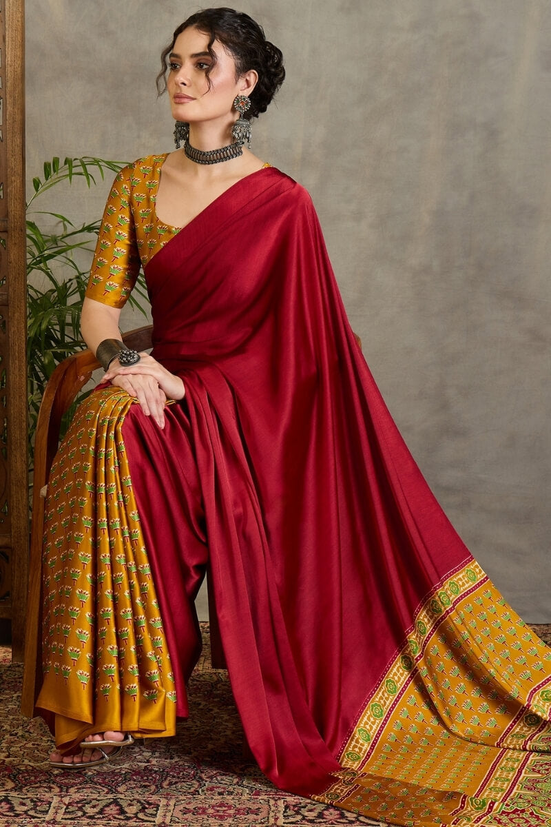 Red and Mustard Ajrakh Printed Satin Silk Saree