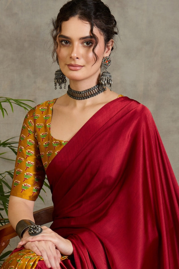 Red and Mustard Ajrakh Printed Satin Silk Saree