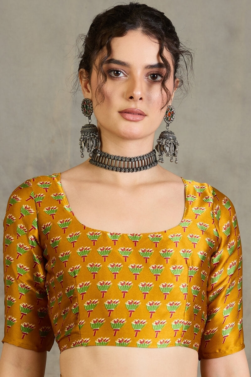 Red and Mustard Ajrakh Printed Satin Silk Saree