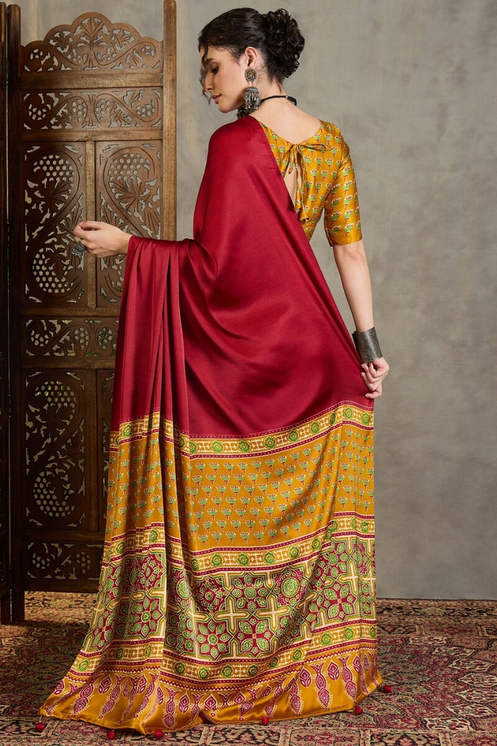 Red and Mustard Ajrakh Printed Satin Silk Saree