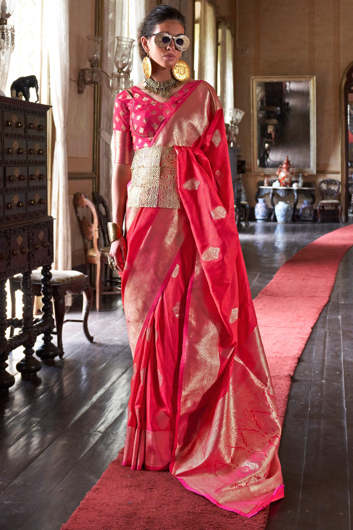 Red Pink Two tone Banarasi Silk Saree