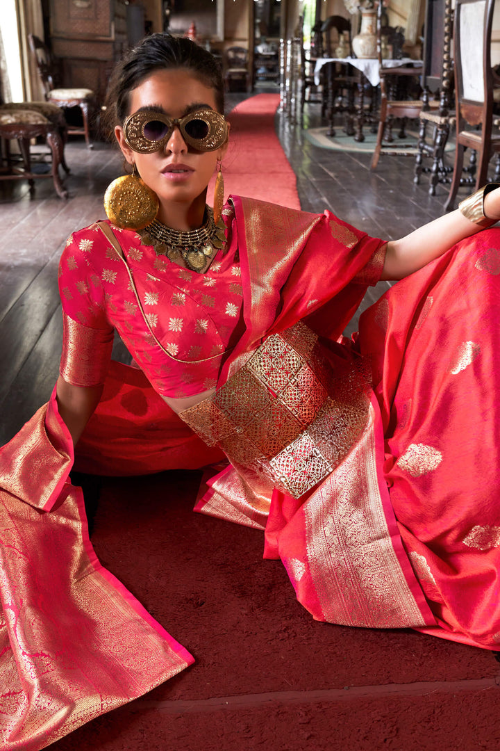 Red Pink Two tone Banarasi Silk Saree