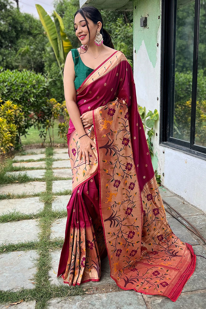 Red Wine Zari Woven Paithani Silk Saree