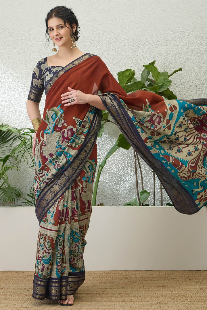Reddish Brown Kalamkari Printed Cotton Silk Saree