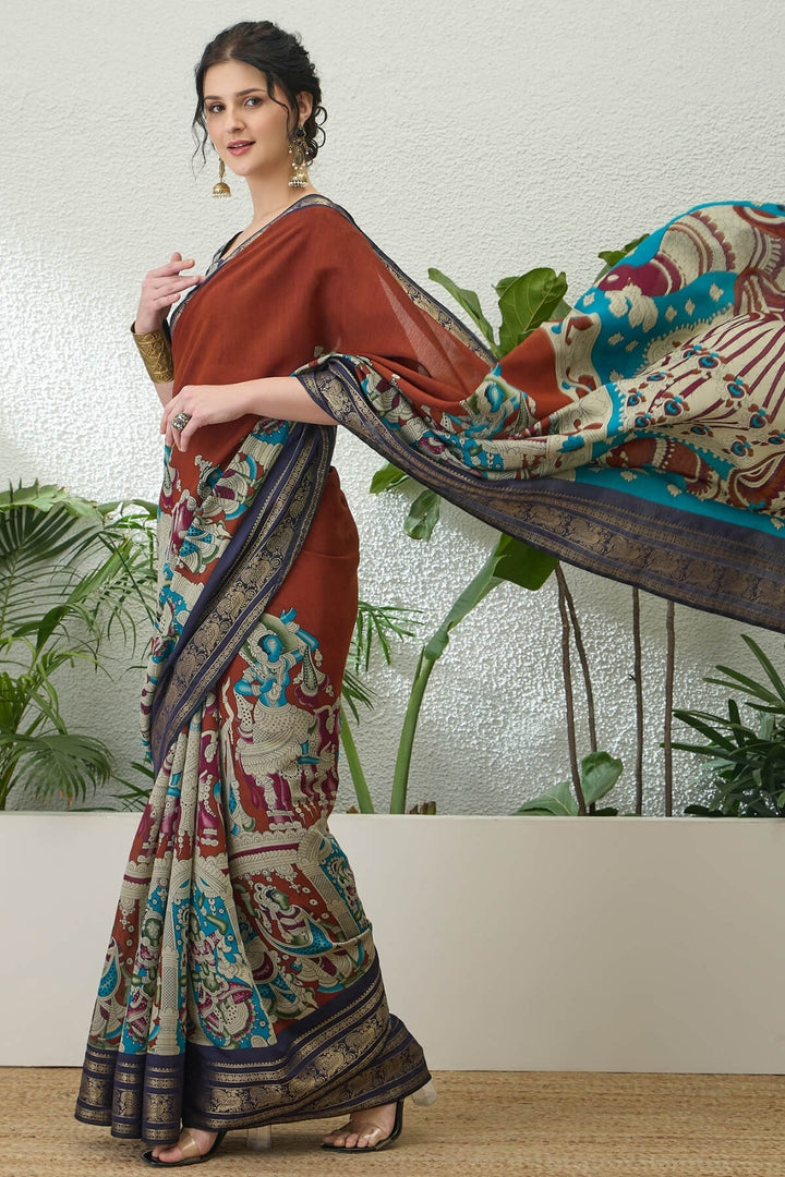 Reddish Brown Kalamkari Printed Cotton Silk Saree