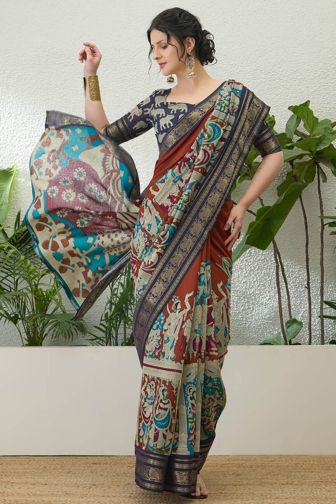 Reddish Brown Kalamkari Printed Cotton Silk Saree