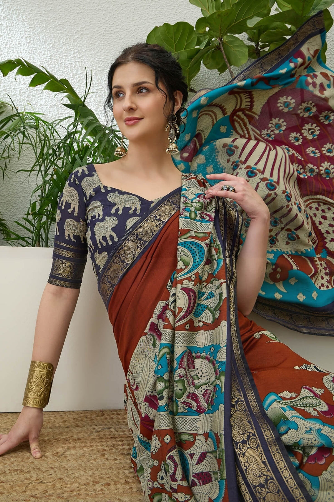 Reddish Brown Kalamkari Printed Cotton Silk Saree