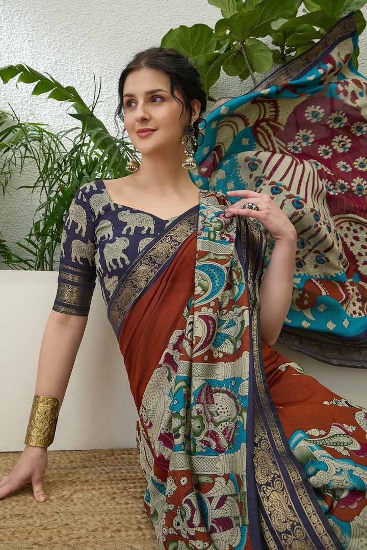 Reddish Brown Kalamkari Printed Cotton Silk Saree