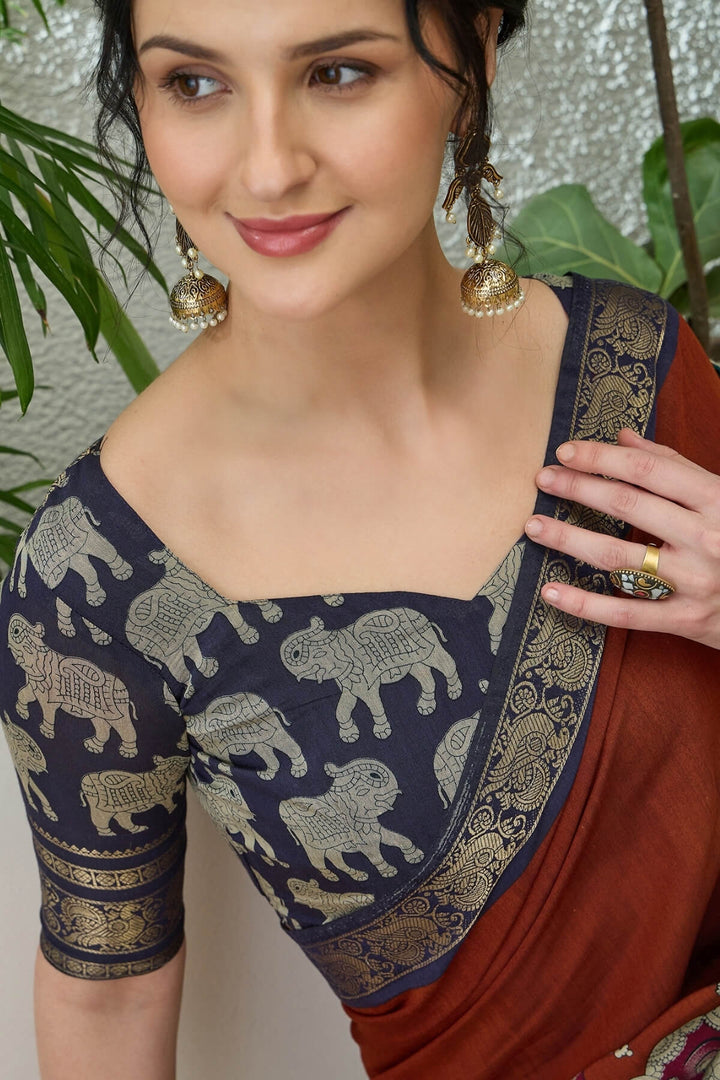 Reddish Brown Kalamkari Printed Cotton Silk Saree