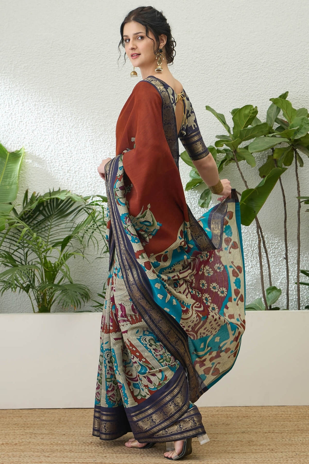 Reddish Brown Kalamkari Printed Cotton Silk Saree