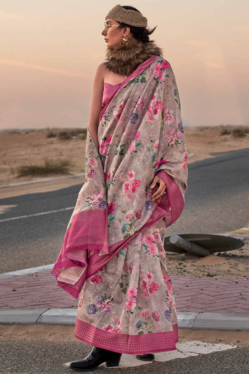 Reddish Grey Printed Linen silk saree