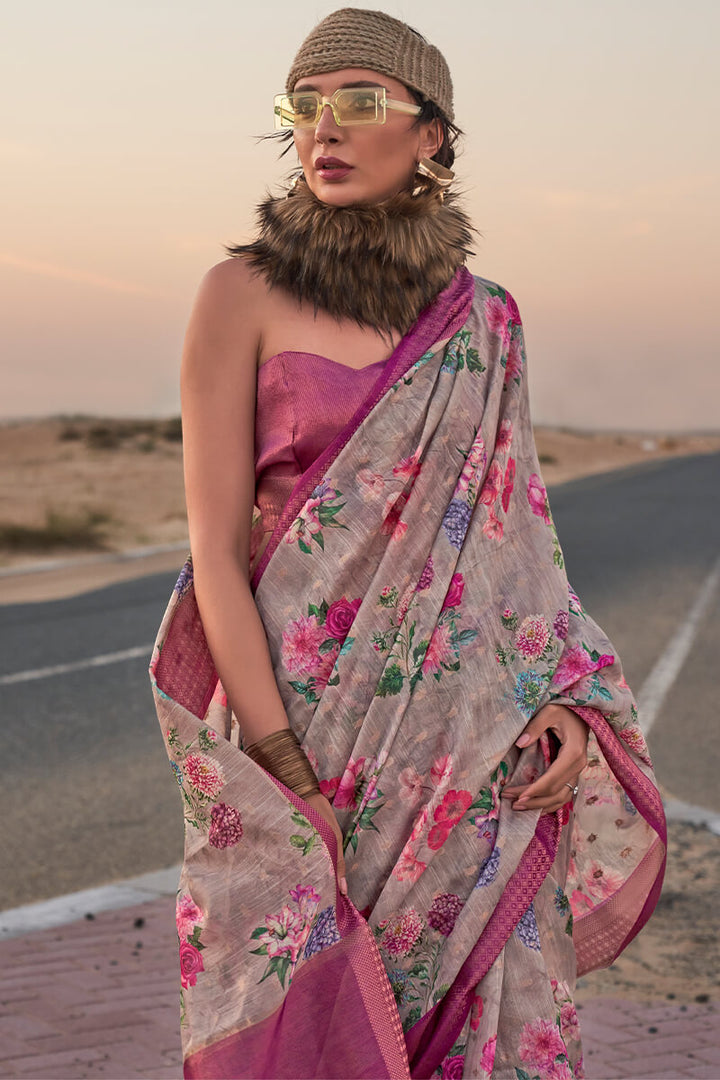 Reddish Grey Printed Linen silk saree