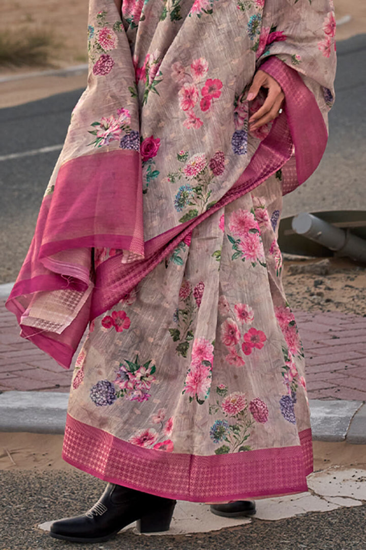 Reddish Grey Printed Linen silk saree