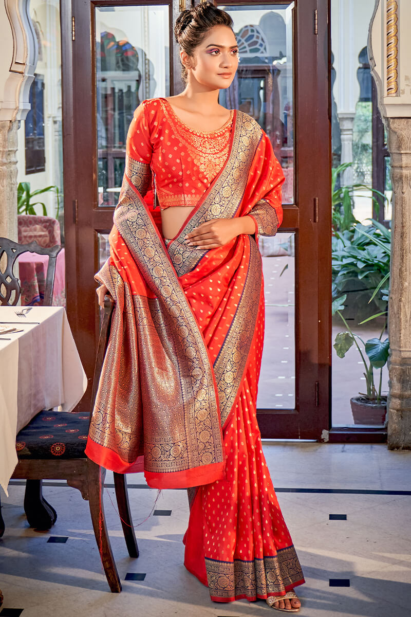Reddish Orange Zari Woven Banarasi Silk Saree