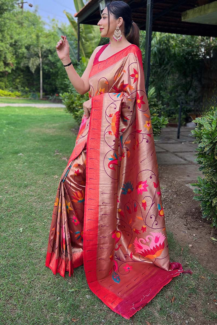 Reddish Pink Zari Woven Paithani Silk Saree